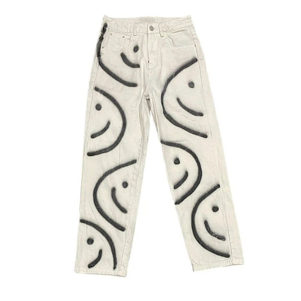 NWOT | Cider | Cream Jeans with Black Smiley Design | L
